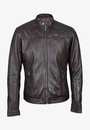 Ciemnobrązowa skórzana kurtka z zamkiem błyskawicznym z przodu, zamykaną na zamek kieszenią na piersi, kołnierzem na zatrzask oraz dwiema bocznymi kieszeniami na zamek.