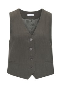 Grauer Weste mit V-Ausschnitt, fünf Knöpfen und zwei Seitentaschen. Aus strukturiertem Stoff mit glattem Innenfutter gefertigt.