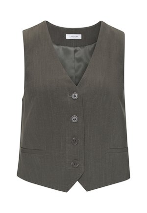 Grauer Weste mit V-Ausschnitt, fünf Knöpfen und zwei Seitentaschen. Aus strukturiertem Stoff mit glattem Innenfutter gefertigt.