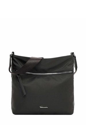 Black nylon shoulder bag with a zippered front pocket, fabric strap, and a smooth texture. Features logo accent on the front.