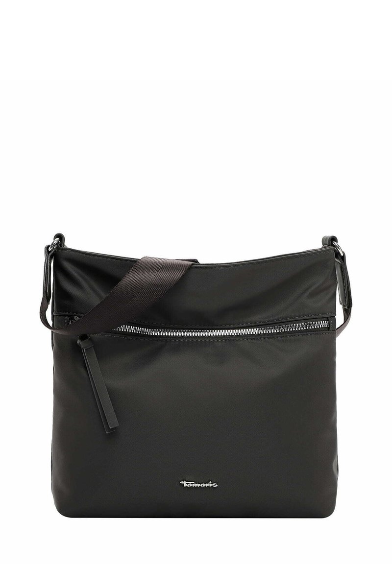 Sac à bandoulière noir en nylon avec une poche frontale zippée, une bandoulière en tissu et une texture lisse. Présente un accent logo à l'avant.