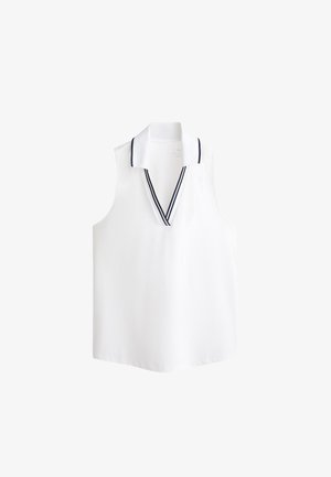 Bela brezrokavna polo majica z globokim V-izrezom in temno modrim trakom na ovratniku in izrezu.