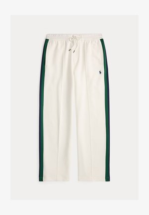 Hvite joggebukser med snor, med marineblå og grønne sidelister og en liten marineblå polo-spiller logo på høyre lår.