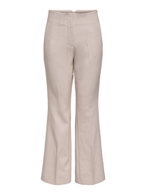 Pantalon beige taille haute pour femme, jambes droites avec des coutures verticales discrètes sur fond blanc.