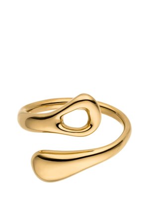 Goldener, offener Ring mit glatter, abstrakter, fließender Form und asymmetrischem Schlaufen-Detail auf weißem Hintergrund.
