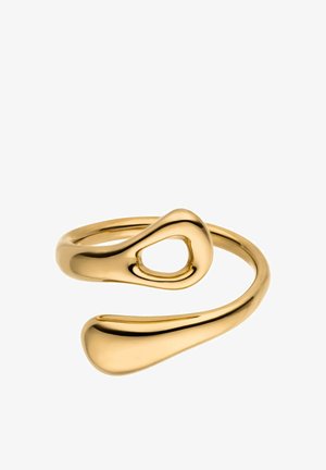 Gold open-ended ring with a smooth, abstract, fluid shape and an asymmetrical loop detail on a white background.