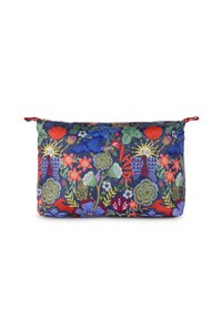 Rechthoekig stoffen etui met rits, voorzien van een bloemen- en dierenpatroon in levendige kleuren, met rode ritsaccenten en een logolabel.