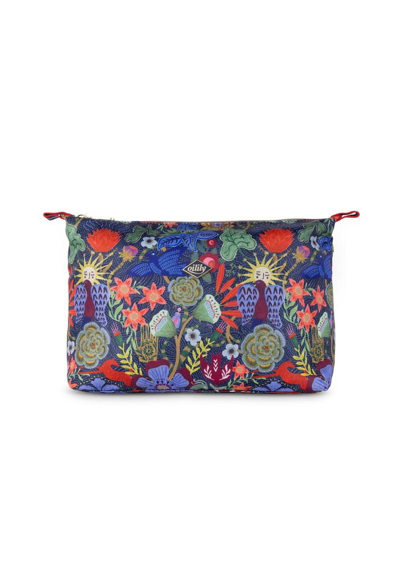 Rechthoekig stoffen etui met rits, voorzien van een bloemen- en dierenpatroon in levendige kleuren, met rode ritsaccenten en een logolabel.