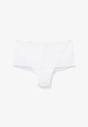 White lace boyshort-style women's underwear with floral pattern and scalloped edges on a plain background.