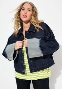 Donkerblauwe denimjack met contrasterende lichtblauwe, versleten mouwen. Voorzien van een knoopsluiting en standaard kraag. Gedragen over een gestreept groen top.