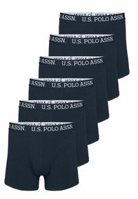 Hat darab sötét tengerészkék bokszernadrág, rugalmas anyagból, fehér U.S. Polo Assn. logós derékszíjjal és szoros illeszkedésű kialakítással.