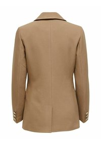 Brązowa, dopasowana marynarka z wyciętym kołnierzem, usztywnionymi ramionami i zapinanymi mankietami. Gładka tkanina z czystym, gładkim tyłem.