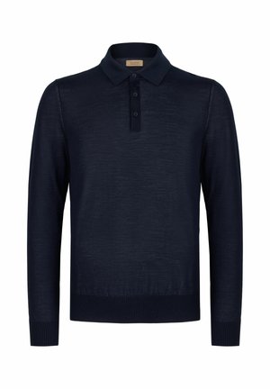 Marineblauer Poloshirt-Pullover mit langen Ärmeln, einer Knopfleiste mit drei Knöpfen sowie gerippten Bündchen und Saum.