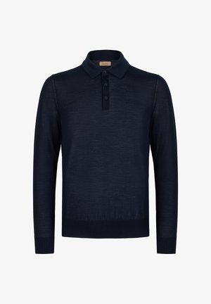 Mørkeblå langærmet polo sweater med tre-knaps placket og ribstrikkede manchetter og kant.