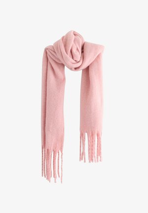 Sciarpa di lana rosa chiaro con frange alle estremità, annodata in modo sciolto al centro su uno sfondo bianco.