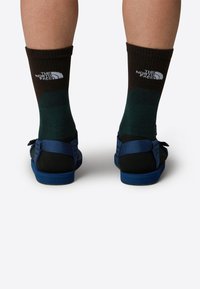 Czarno-niebieskie sandały z regulowanymi paskami noszone na ciemnozielonych i brązowych skarpetach z logo. Skoncentruj się na obuwiu od tyłu.