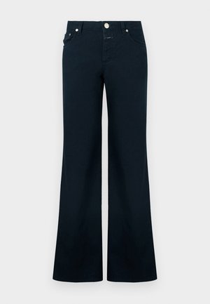 Dunkelblaue Hosen mit weitem Bein aus Baumwolle. Sie haben Hosentaschen vorne, einen Knopfverschluss und eine glatte Textur ohne sichtbare Muster oder Akzente.