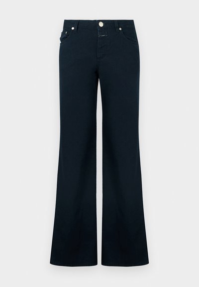 Tumši zili bikses ar platām kājām, izgatavotas no kokvilnas. Ir priekšējās kabatas, pogas aizdare un gluda tekstūra bez redzamām rakstām vai izcelumiem.