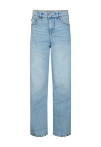 Lyseblå denimjeans med lige ben, høj talje og kontrastsyning. Har knaplukning og fem lommer.