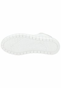 Suela de zapatilla blanca con un patrón de agarre texturizado, que presenta secciones de goma elevadas y una zona central lisa, diseñada para ofrecer tracción y comodidad.