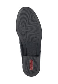 Semelle de chaussure noire avec un motif texturé et ondulé. Présente un logo circulaire et un indicateur de taille. Fabriquée en caoutchouc pour une adhérence et une durabilité accrues.
