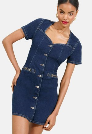 Denim dress with short sleeves, square neckline, front button closure, and dual side pockets. Features gold-tone hardware and light stitching.