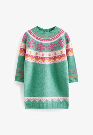 Robe pull turquoise tricotée avec motifs géométriques multicolores, comprenant des flocons de neige, des rayures, ainsi qu'un col et des poignets côtelés.