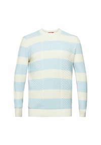 Hellblauer und cremefarbener, gestrickter Pullover mit einem strukturierten karierten Muster. Rundhalsausschnitt-Design mit ribbiger Manschette und Saum.