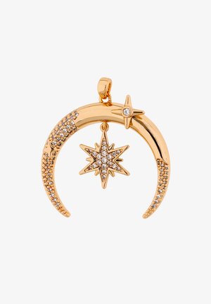 Pandantiv aurit în formă de semilună cu cristale încorporate și un charm în formă de stea atârnând, de asemenea împodobit cu cristale mici și strălucitoare.