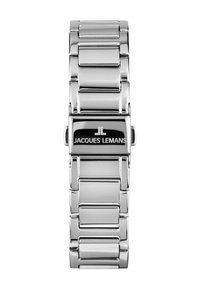 Silberner Edelstahlarmbanduhr mit polierter Oberfläche, rechteckigen Gliedern und einer schwarzen rechteckigen Schließe, die den Markennamen "Jacques Lemans" trägt.