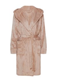 Jasnoróżowy, miękki szlafrok z kapturem, długimi rękawami, paskiem w talii i dwoma przednimi kieszeniami. Miękka faktura o przytulnym wyglądzie.