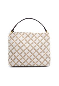 Beige handtas met een zacht textielen oppervlak en een donkerbruine leren handvat. Heeft een geometrisch ontwerp in lichter beige.