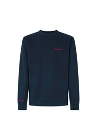 Sudadera azul marino fabricada en una mezcla de algodón con puños y cuello de canalé. Presenta acentos de texto en rojo con "Pepe Jeans" y "LONDON W7".