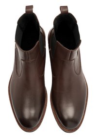 Brązowe skórzane botki za kostkę o gładkim wykończeniu, z elastycznymi panelami bocznymi i uchwytami, z okrągłym noskiem i przeszywaniem na krawędzi.