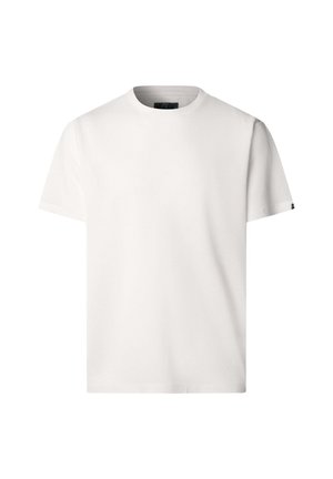 T-shirt bianca semplice a maniche corte con scollo rotondo, mostrata frontalmente su sfondo bianco.