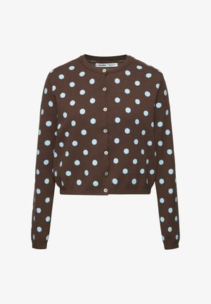 Bruine gebreide cardigan met lichtblauwe polkadotten, ronde hals, lange mouwen en knopen aan de voorkant.
