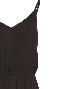 Robe noire sans manches avec fines bretelles, encolure en V et taille élastique froncée.