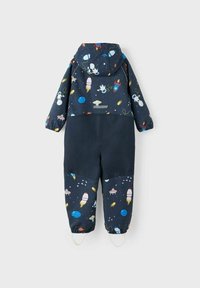Giocattolo per bambini di tuta blu navy con cappuccio e stampa a tema spaziale, con razzi, astronauti, pianeti e polsini elastici con fettucce per i piedi.