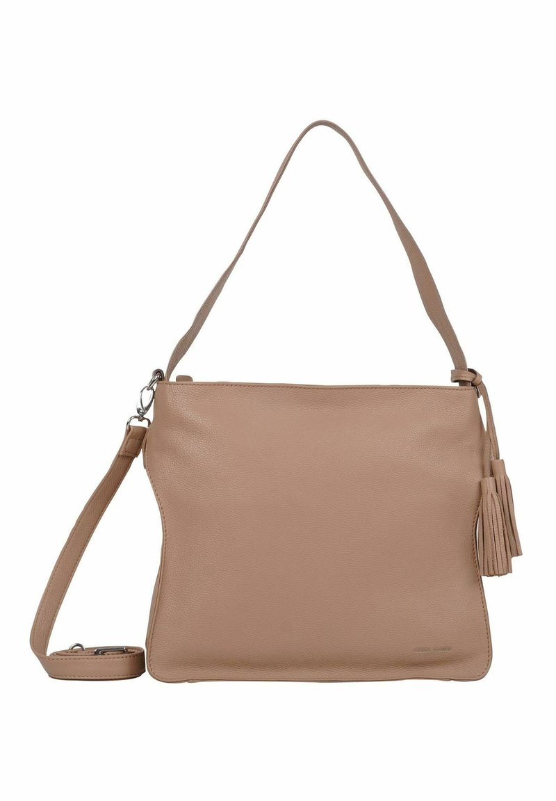 Borsa a mano in pelle color tan con una texture liscia, dotata di chiusura con zip, tracolla regolabile e un nastro decorativo sul lato.