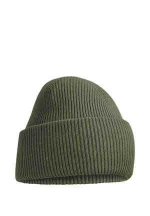 Olive green ribbed knit beanie hat with a wide folded cuff, displayed on a white background.