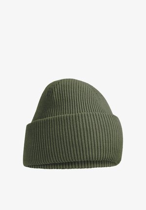 Olive green ribbed knit beanie hat with a wide folded cuff, displayed on a white background.