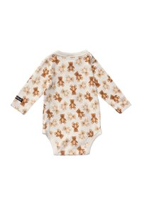 Długi rękaw bodysuit z miękkiego, kremowego materiału z wzorem brązowych misiów. Zawiera małą metkę marki na rękawie.