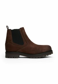 Stivale Chelsea in pelle marrone con pannelli laterali elastici neri, tirante sul tallone e suola in gomma robusta.