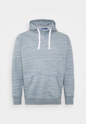 Light blue hoodie made of textured fabric, featuring a front pocket, white drawstrings, and ribbed cuffs and hem.