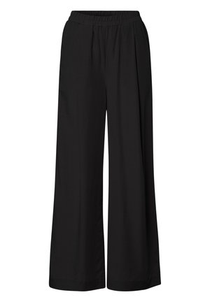 Pantalons noirs à jambes larges en matériau lisse et léger. Dotés d'une taille élastique et sans boutons ni poches visibles.