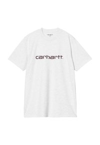 Camiseta de algodón gris con mangas cortas. Presenta un logo marrón de "Carhartt" en la parte frontal. Diseño de cuello redondo, corte casual.