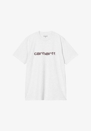 T-shirt in cotone grigio con maniche corte. Presenta un logo "carhartt" marrone sulla parte anteriore. Design a girocollo, vestibilità casual.