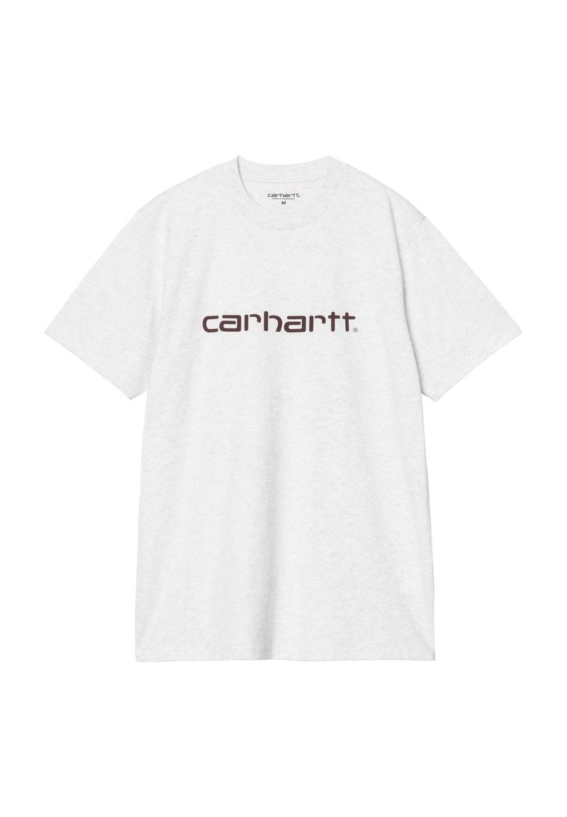 Camiseta de algodón gris con mangas cortas. Presenta un logo marrón de "Carhartt" en la parte frontal. Diseño de cuello redondo, corte casual.