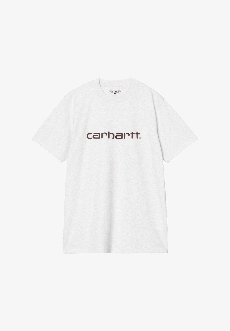 Szara bawełniana koszulka z krótkim rękawem. Na przodzie znajduje się brązowe logo "carhartt". Klasyczny okrągły dekolt, luźny fason.