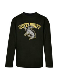 Camisa negra de manga larga con un gráfico de un tejón y el texto "HUFFLEPUFF" en amarillo y blanco encima.